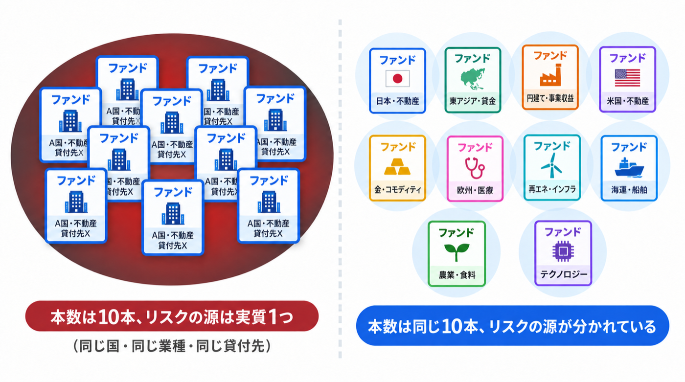 左：同じ国・同じ業種・同じ貸付先の10本はリスクの源が実質1つ。右：軸の違う10本はリスクの源が分かれている