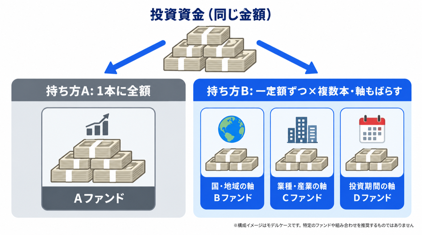 同じ投資資金での2つの持ち方。持ち方A：1本に全額。持ち方B：一定額ずつ×複数本で、国・地域の軸／業種・産業の軸／投資期間の軸もばらす